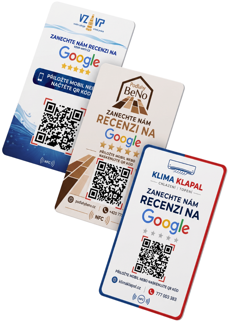 NFC karty na recenze — Vodní zdroje, Podlahy BeNo, Klima Klapal